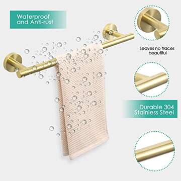 Bathroom Hardware Set, 304 Stainless Steel Towel Bar Set - Include 16'' Hand Towel Bar, Toilet Paper Holder, 3 Towel Hooks, Round Wall Mounted Bathroom Accessories (Gold)