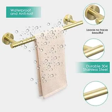 Bathroom Hardware Set, 304 Stainless Steel Towel Bar Set - Include 16'' Hand Towel Bar, Toilet Paper Holder, 3 Towel Hooks, Round Wall Mounted Bathroom Accessories (Gold)