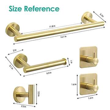 Bathroom Hardware Set, 304 Stainless Steel Towel Bar Set - Include 16'' Hand Towel Bar, Toilet Paper Holder, 3 Towel Hooks, Round Wall Mounted Bathroom Accessories (Gold)