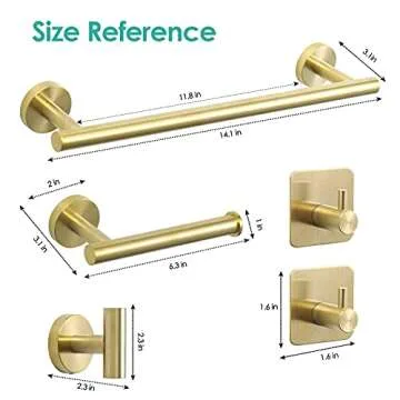 Bathroom Hardware Set, 304 Stainless Steel Towel Bar Set - Include 16'' Hand Towel Bar, Toilet Paper Holder, 3 Towel Hooks, Round Wall Mounted Bathroom Accessories (Gold)