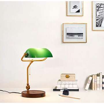 Hsyile KU300237 Rope Switch Retro Table Lamp with USB Charging Ports, with Green Retro Glass Lamp Shade for Living Room Bedroom