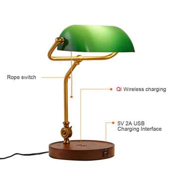 Hsyile KU300237 Rope Switch Retro Table Lamp with USB Charging Ports, with Green Retro Glass Lamp Shade for Living Room Bedroom