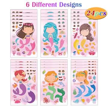 24 Sheets Mermaid Make a Face Sticker Sheets for Kids Todders Activities, Make Your Own Stickers for Kids Birthday Party Favor Supplies Craft
