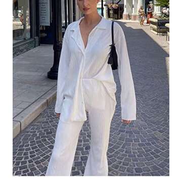Rmasyea Womens 2 Pieces Casual Pleated Outfits Set Loungewear Y2K Long Sleeves Wide Leg Pants Pajamas Streetwear (White, S)