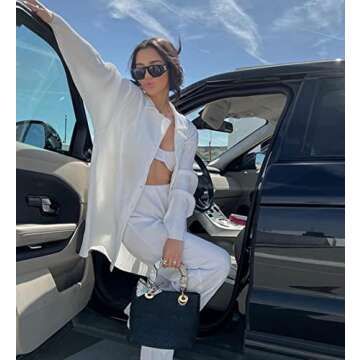 Rmasyea Womens 2 Pieces Casual Pleated Outfits Set Loungewear Y2K Long Sleeves Wide Leg Pants Pajamas Streetwear (White, S)