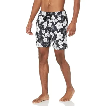 Amazon Essentials Men's 7" Quick-Dry Swim Trunk, Black Hibiscus Flower, Large