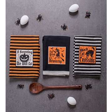 DII Happy Halloween Dishtowel Collection Embellished Cotton Kitchen Hand Towel Set, 18x28, Happy Haunting, 3 Count