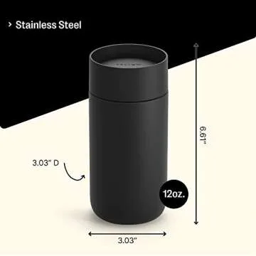 Fellow Carter Move Mug with 360º Sip Lid - Open Top Coffee To-Go Tumbler with Ceramic Interior, Vacuum-Insulated Stainless Steel, Matte Black, 12 oz Cup