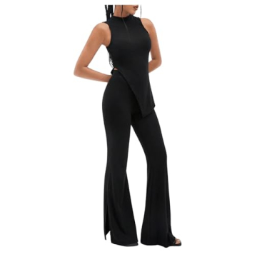 Floerns Women's Mock Neck Slit Hem Tank Top and Pants Set Two Piece Outfit