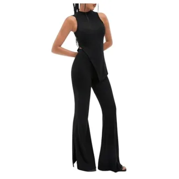 Floerns Women's Mock Neck Slit Hem Tank Top and Pants Set Two Piece Outfit