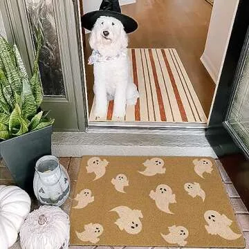 Lahome Halloween Decorative Door Mat, Outdoor Indoor Ghost Doormats, Sturdy Fall Cute Boo Coir Door Mats with Non-Slip PVC Backing for Porch Front Door Bedroom Décor, 17"x30"