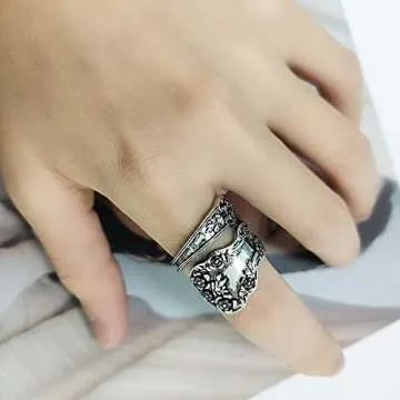 Vintage Flowers Spoon Rings Promise Wedding Engagement Statement Boho Circling Rose Flower Cluster Finger Open Ring Adjustable Extendable Wrap Bands for Women Men Retro Jewelry Gifts Valentine's Day