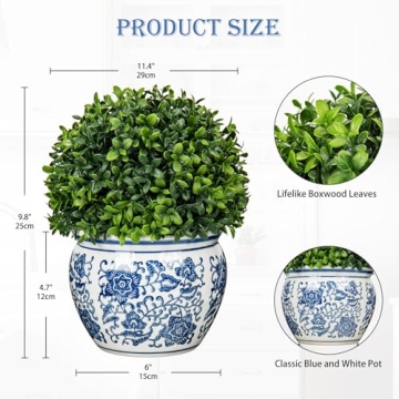 DILATATA Artificial Topiary Boxwood Ball in Blue and White Ceramic Pot, 10 Inch Artificial Boxwood in Planters Decorative Fake Greenery for Table Centerpiece Indoor Plant Home Decor
