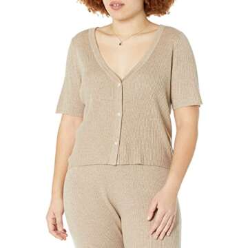 The Drop Women's Akira Cropped Ribbed V-neck Cardigan Sweater, Heather Sand, XS