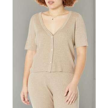 The Drop Women's Akira Cropped Ribbed V-neck Cardigan Sweater, Heather Sand, XS