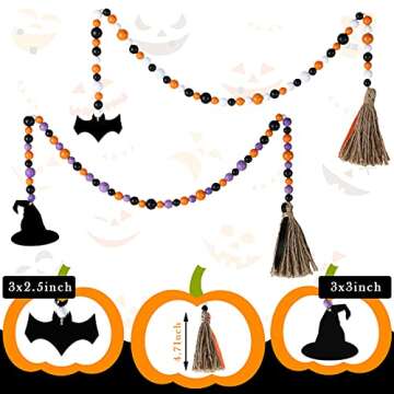2 Pieces Halloween Wooden Bead Garland Rustic Farmhouse Bead Garland Beaded Tiered Tray Decor Prayer Bead Wall Hanging Decor with Witch Hat, Bat Tags and Linen Tassels for Halloween Shelf Display