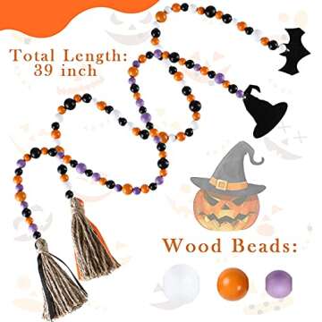 2 Pieces Halloween Wooden Bead Garland Rustic Farmhouse Bead Garland Beaded Tiered Tray Decor Prayer Bead Wall Hanging Decor with Witch Hat, Bat Tags and Linen Tassels for Halloween Shelf Display