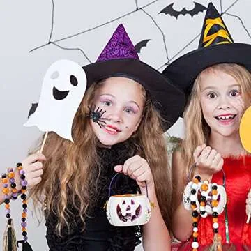 2 Pieces Halloween Wooden Bead Garland Rustic Farmhouse Bead Garland Beaded Tiered Tray Decor Prayer Bead Wall Hanging Decor with Witch Hat, Bat Tags and Linen Tassels for Halloween Shelf Display