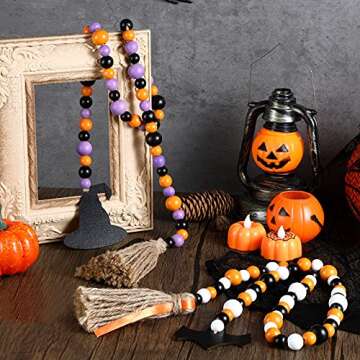 2 Pieces Halloween Wooden Bead Garland Rustic Farmhouse Bead Garland Beaded Tiered Tray Decor Prayer Bead Wall Hanging Decor with Witch Hat, Bat Tags and Linen Tassels for Halloween Shelf Display
