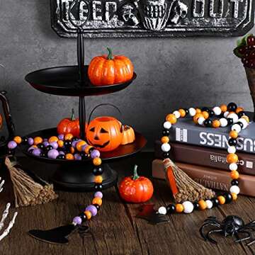 2 Pieces Halloween Wooden Bead Garland Rustic Farmhouse Bead Garland Beaded Tiered Tray Decor Prayer Bead Wall Hanging Decor with Witch Hat, Bat Tags and Linen Tassels for Halloween Shelf Display