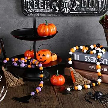 2 Pieces Halloween Wooden Bead Garland Rustic Farmhouse Bead Garland Beaded Tiered Tray Decor Prayer Bead Wall Hanging Decor with Witch Hat, Bat Tags and Linen Tassels for Halloween Shelf Display
