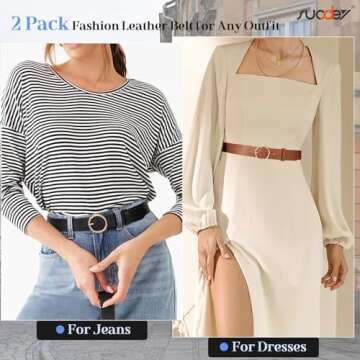 SUOSDEY 2 Pack Women Leather Belt Faux Leather Waist Belt with O-Ring Buckle Women Retro Belts for J...