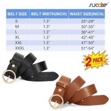 SUOSDEY 2 Pack Women Leather Belt Faux Leather Waist Belt with O-Ring Buckle Women Retro Belts for Jeans Dress Pants, Black and Brown Belt