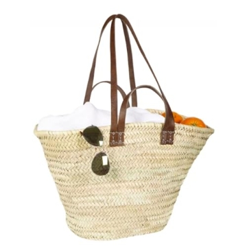 FRENCH BASKET with double flat leather handles, straw bag, beach bag, basket bag, shopping basket, w...