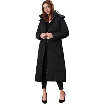 chouyatou Women's Winter Over Knee Removable Hooded Maxi Long Puffer Down Coat (Medium, Black)