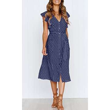 MITILLY Women's Boho Polka Dot Flutter Short Sleeve V Neck Button Down Swing Midi Dress with Pockets...