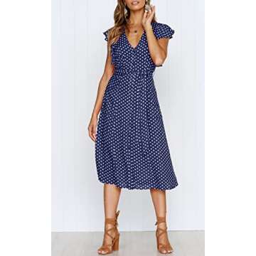 MITILLY Women's Boho Polka Dot Flutter Short Sleeve V Neck Button Down Swing Midi Dress with Pockets Large Dark Blue