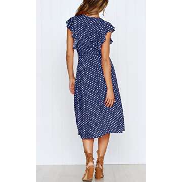 MITILLY Women's Boho Polka Dot Flutter Short Sleeve V Neck Button Down Swing Midi Dress with Pockets Large Dark Blue