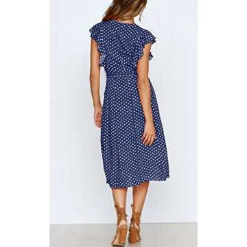 MITILLY Women's Boho Polka Dot Flutter Short Sleeve V Neck Button Down Swing Midi Dress with Pockets Large Dark Blue