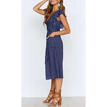 MITILLY Women's Boho Polka Dot Flutter Short Sleeve V Neck Button Down Swing Midi Dress with Pockets Large Dark Blue