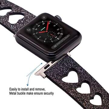 EurCross Glitter Bands Compatible with Apple Watch Band 42mm 44mm, Girls Women Shiny Sparkle Bling Heart Watch Strap Adjustable Wristbands Compatible with iWatch Series 6 SE 5 4 3 2 1(Black)