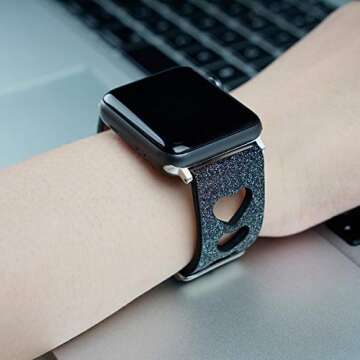 EurCross Glitter Bands Compatible with Apple Watch Band 42mm 44mm, Girls Women Shiny Sparkle Bling Heart Watch Strap Adjustable Wristbands Compatible with iWatch Series 6 SE 5 4 3 2 1(Black)