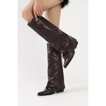 zhsrin Brown Fold Over Knee High Boots for Women with Zipper Pointed Toe Chunky Heel Shark Boots Baggy Shoes