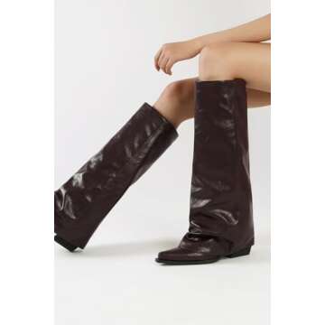 zhsrin Brown Fold Over Knee High Boots for Women with Zipper Pointed Toe Chunky Heel Shark Boots Baggy Shoes