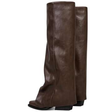 zhsrin Brown Fold Over Knee High Boots for Women with Zipper Pointed Toe Chunky Heel Shark Boots Baggy Shoes