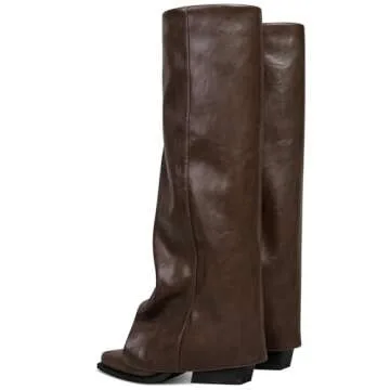 ZHSRIN Brown Knee High Fold Over Boots for Women