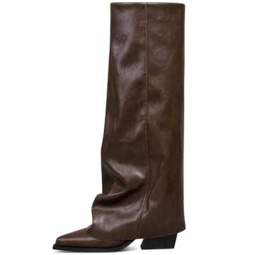 zhsrin Brown Fold Over Knee High Boots for Women with Zipper Pointed Toe Chunky Heel Shark Boots Baggy Shoes