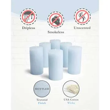 Mottled Pillar Candles by Bask - Set of 6-3" x 6" Dripless Unscented Candles in Light Blue for Home Decor, Relaxation & All Occasions