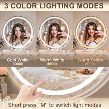 Hasipu Vanity Mirror with Lights and Bluetooth, 28" LED Makeup Mirror, Lighted Makeup Mirror with Lights, Smart Touch Control 3 Colors Dimmable Round Mirror 360°Rotation White