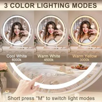Hasipu Vanity Mirror with Lights and Bluetooth, 28" LED Makeup Mirror, Lighted Makeup Mirror with Lights, Smart Touch Control 3 Colors Dimmable Round Mirror 360°Rotation White