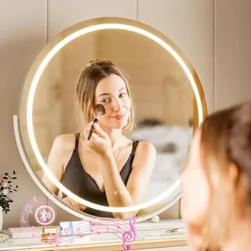 Hasipu Vanity Mirror with Lights and Bluetooth, 28" LED Makeup Mirror, Lighted Makeup Mirror with Lights, Smart Touch Control 3 Colors Dimmable Round Mirror 360°Rotation White