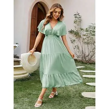 Amegoya Women's Summer Boho Casual Short Sleeve V Neck Maxi Dresses High Waist Beach Flowy Ruffle Long Dress(S Green-New)