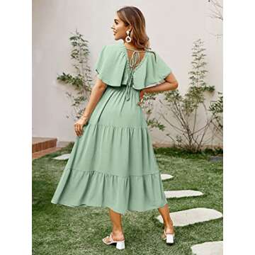 Amegoya Women's Summer Boho Casual Short Sleeve V Neck Maxi Dresses High Waist Beach Flowy Ruffle Long Dress(S Green-New)