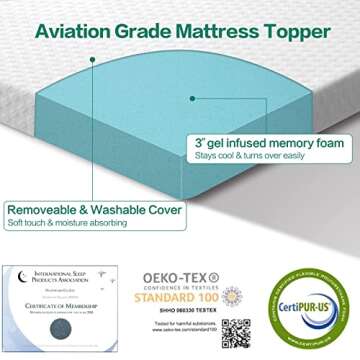 CottonHouse Cool Gel 3 Inch Memory Foam Mattress Topper Queen Size,Aviation Grade Material,Removable...