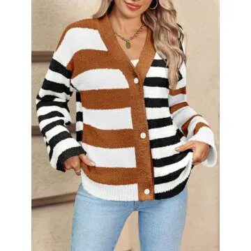Saodimallsu Womens Striped Cardigan Sweaters V Neck Open Front Button Up Color Block Fuzzy Loose Knit Coats Brown