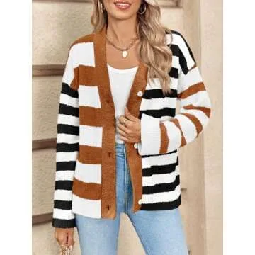 Saodimallsu Womens Striped Cardigan Sweaters V Neck Open Front Button Up Color Block Fuzzy Loose Knit Coats Brown